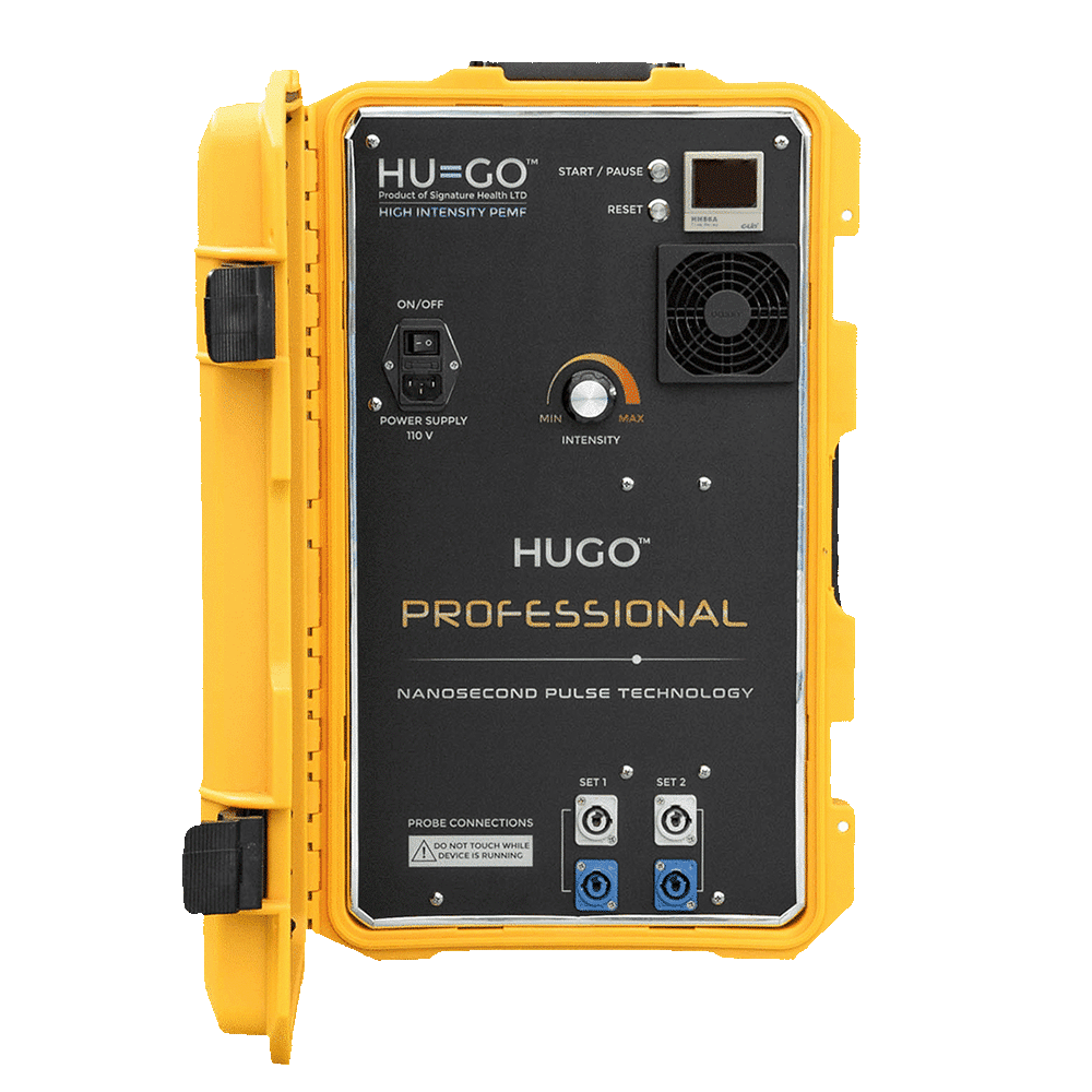Hugo Professional high intensity PEMF control unit in its yellow transport case, front panel open showing the intensity dial